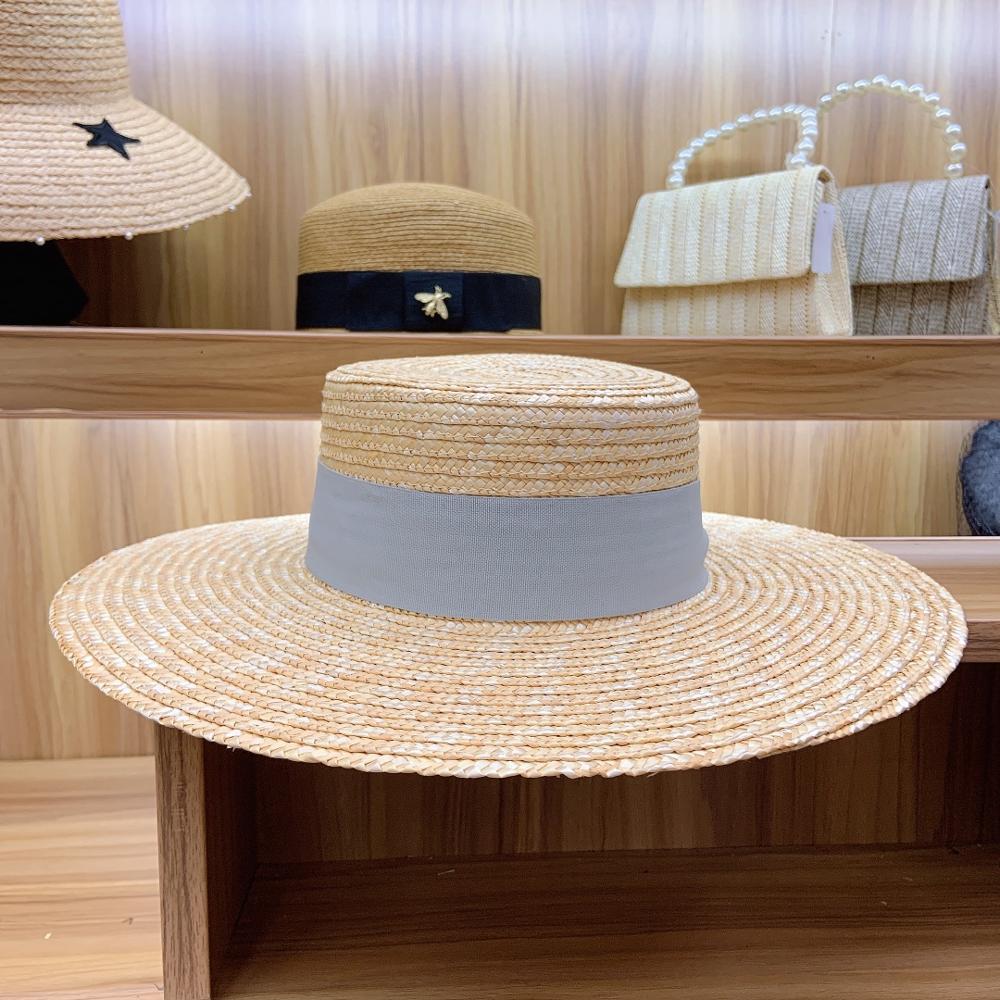 Axin Hat Ornaments Gray Tie Knot Flat Top Thin Straw Wide Brim Top Hat Flat Top Hat Straw Hat