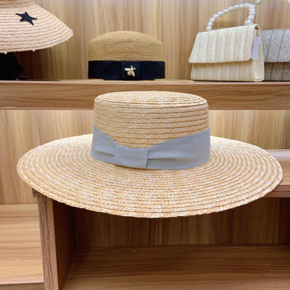 Axin Hat Ornaments Gray Tie Knot Flat Top Thin Straw Wide Brim Top Hat Flat Top Hat Straw Hat