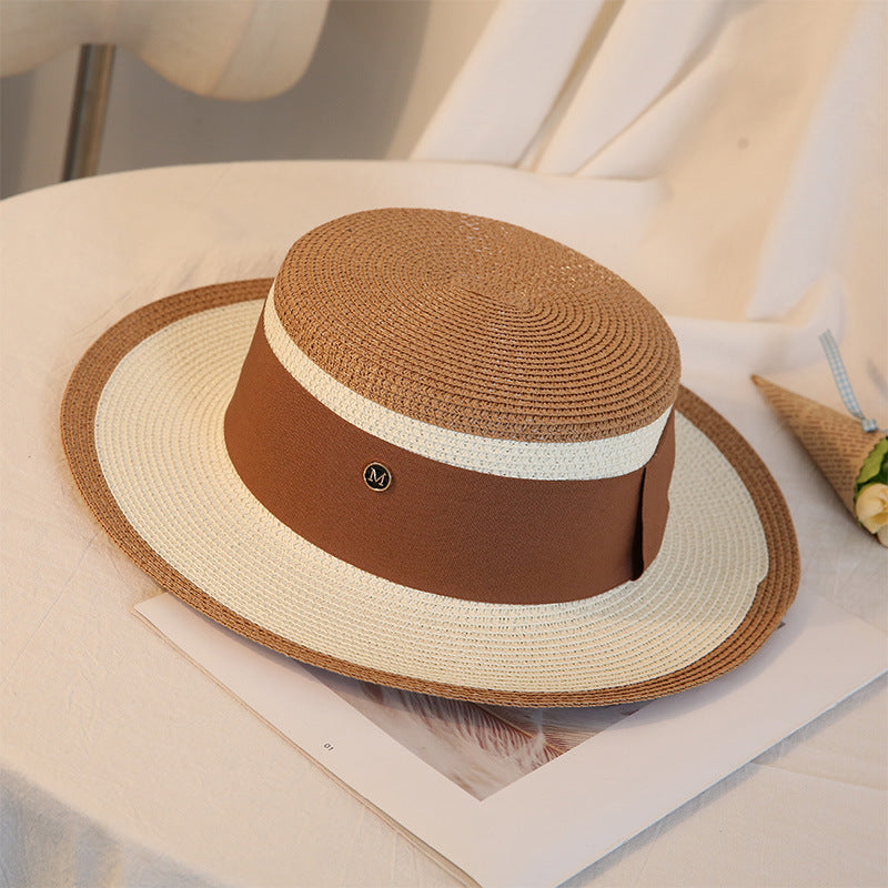 Summer Elegant Retro Women Flat Top Straw Hat Trip Caps Leisure Beach Sun Hats M Letter Breathable Flower Beach Hat