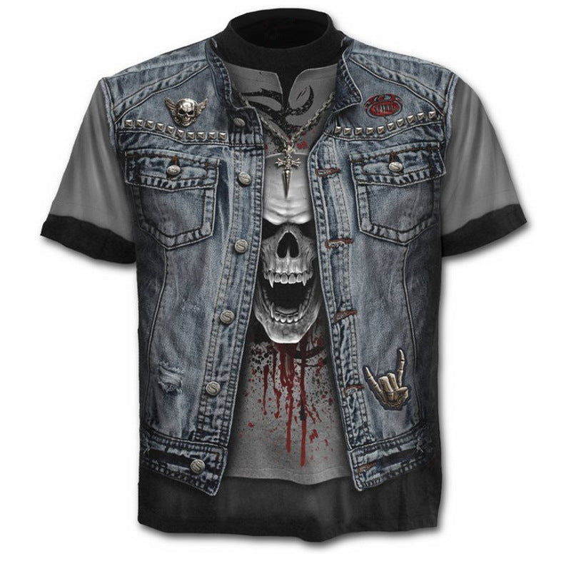 Men’s 3D Skull Print Fake Two-Piece T-Shirt – Trendy Short Sleeve New Cross Border Foreign Trade Europe An | Ectron Online