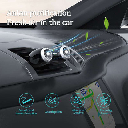 Car air freshener with anion purification technology displayed in a car interior.