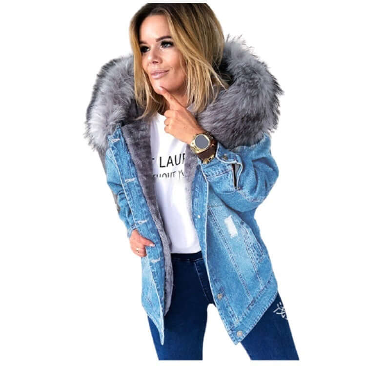 Retro Mid-Length Distressed Denim Jacket European And American Retro Big Fur Coll | Ectron Online