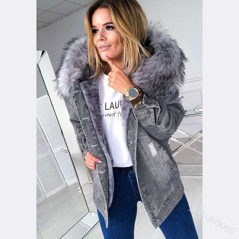 Retro Mid-Length Distressed Denim Jacket European And American Retro Big Fur Coll | Ectron Online