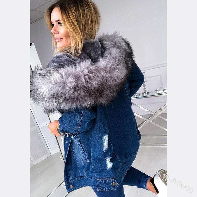 Retro Mid-Length Distressed Denim Jacket European And American Retro Big Fur Coll | Ectron Online