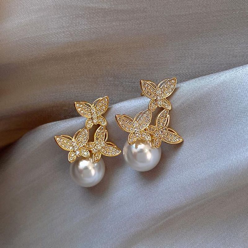 925 Silver Needle Rhinestone Butterfly Pearl Stud Earrings High Quality Light Luxury Fashion Earrings