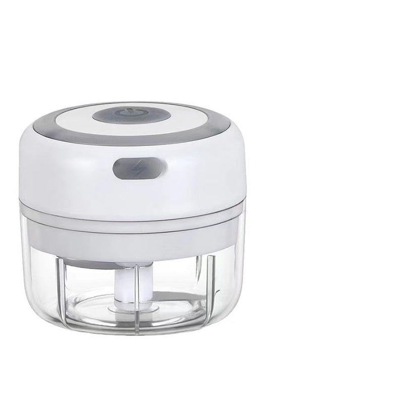 Electric garlic chopper with white lid and clear bowl, compact countertop mini chopper