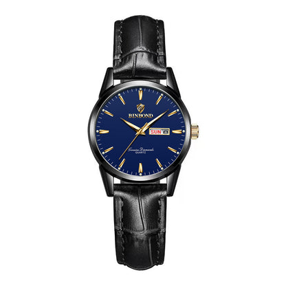 Men's quartz watch with black case, blue dial, black leather strap and day date display