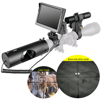 Sighting device with digital display and scope, showing color and black and white modes on a white background.