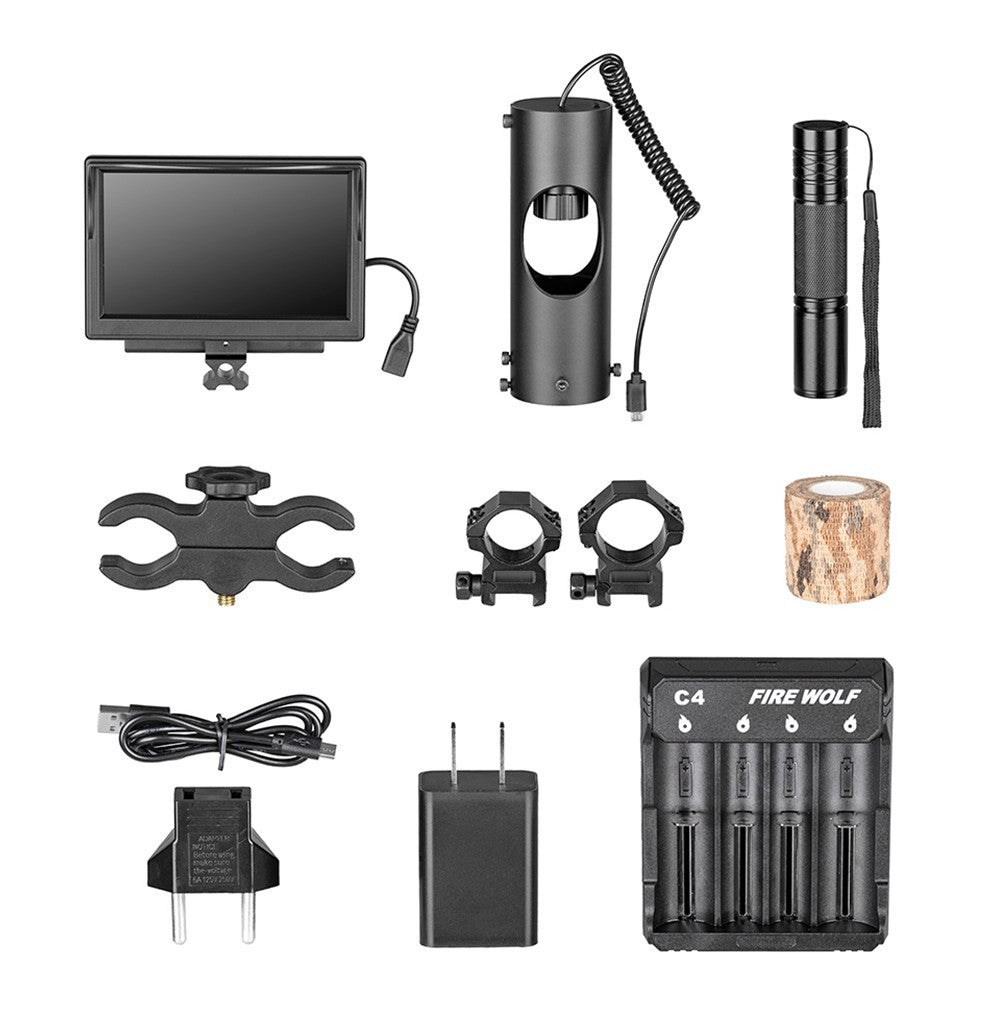 Collection of camera accessories including a monitor, light, battery charger, and more on a white background.