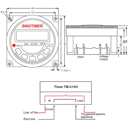 Technical drawing of a Sinotimer timer with dimensions and wiring diagram on a white background