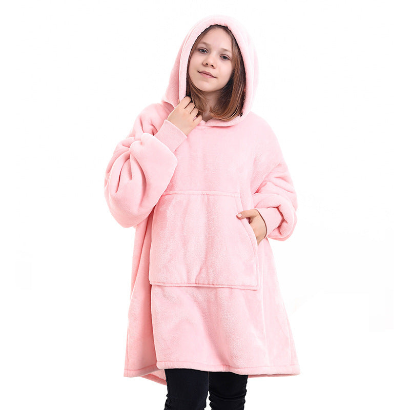 Hooded blanket sweater pullover in light pink with kangaroo pocket and long sleeves