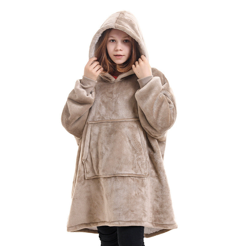 Tan hooded blanket sweater with kangaroo pocket and drawstring hood detail