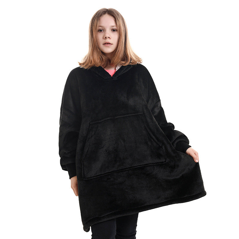 Black hooded blanket sweater with front kangaroo pocket and loose oversized style