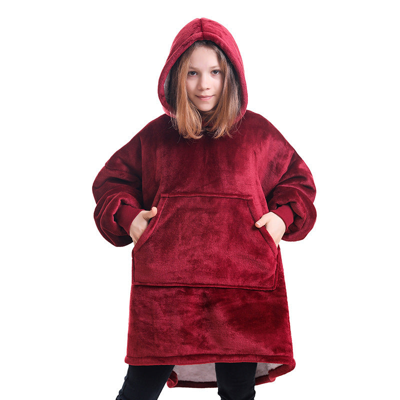 Hooded blanket sweater pullover in dark red with kangaroo pocket and long sleeves