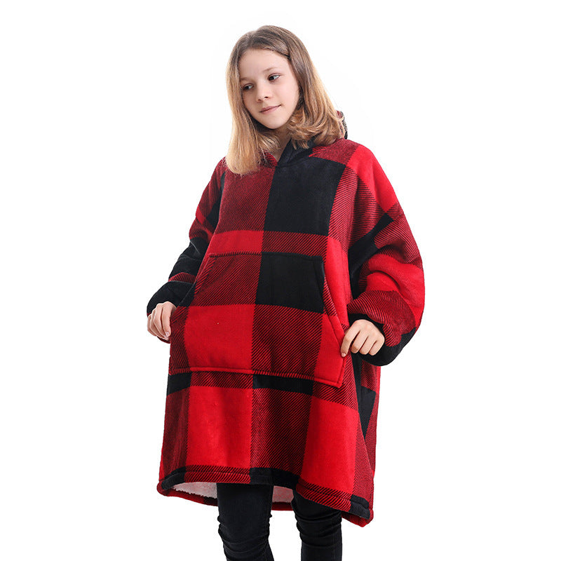 Red and black plaid hooded blanket sweater with front kangaroo pocket