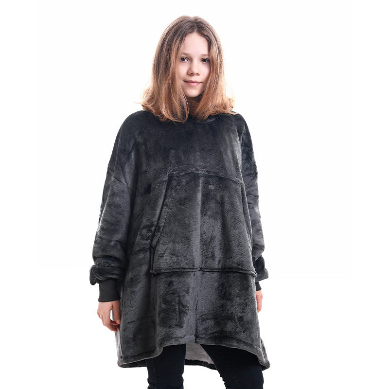 Charcoal gray hooded blanket sweater with front pocket and roomy pullover shape