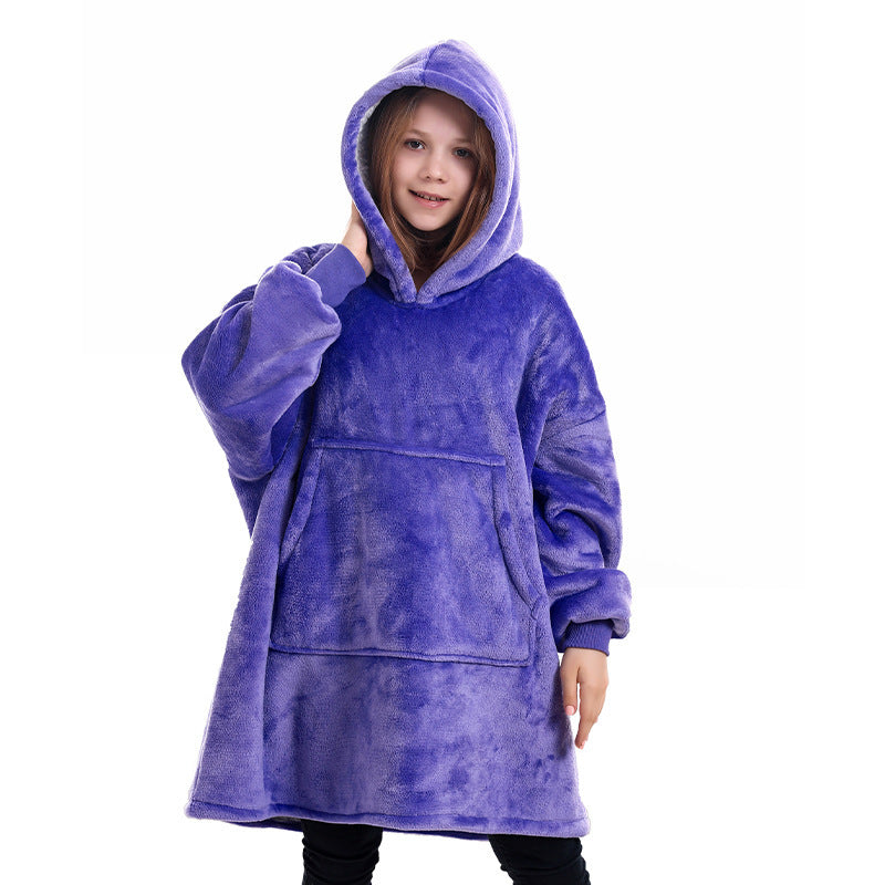 Hooded blanket sweater pullover in purple with kangaroo pocket and long sleeves