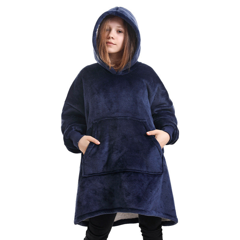 Hooded blanket sweater pullover in dark blue with kangaroo pocket and long sleeves