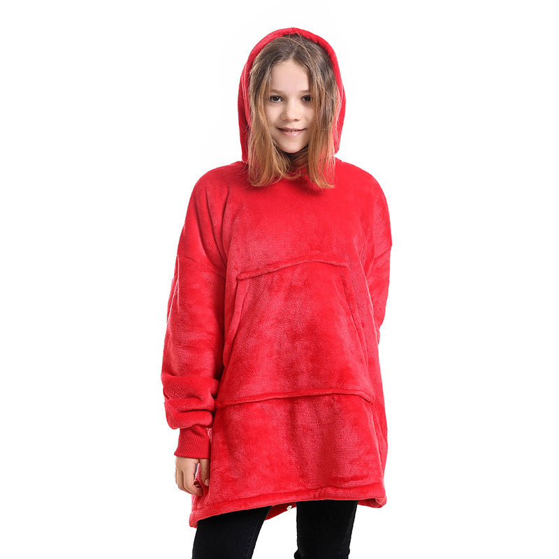 Hooded blanket sweater pullover in red with kangaroo pocket and long sleeves
