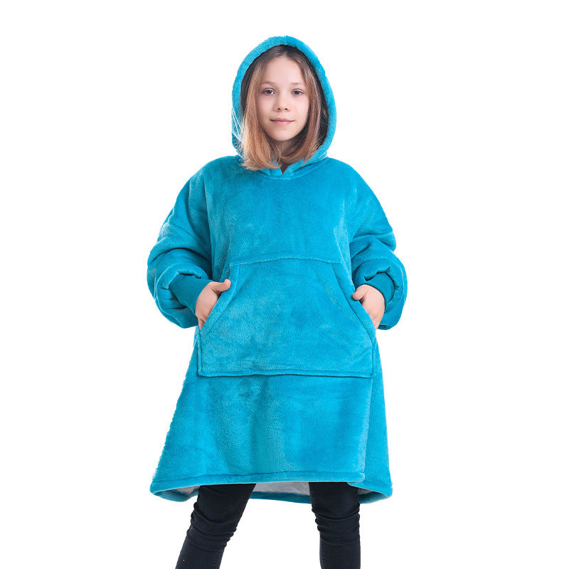 Bright blue hooded blanket sweater with front kangaroo pocket and long oversized hem