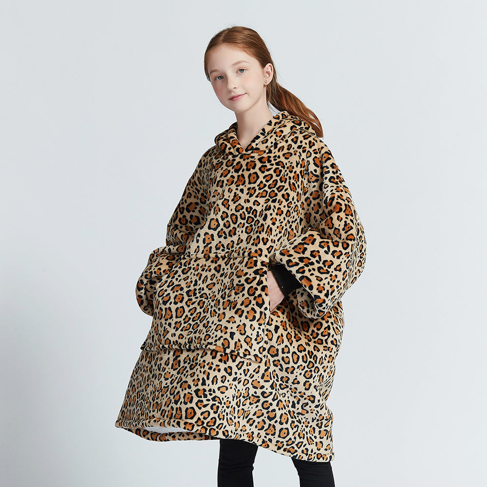 Leopard print hooded blanket sweater with front pocket and oversized pullover