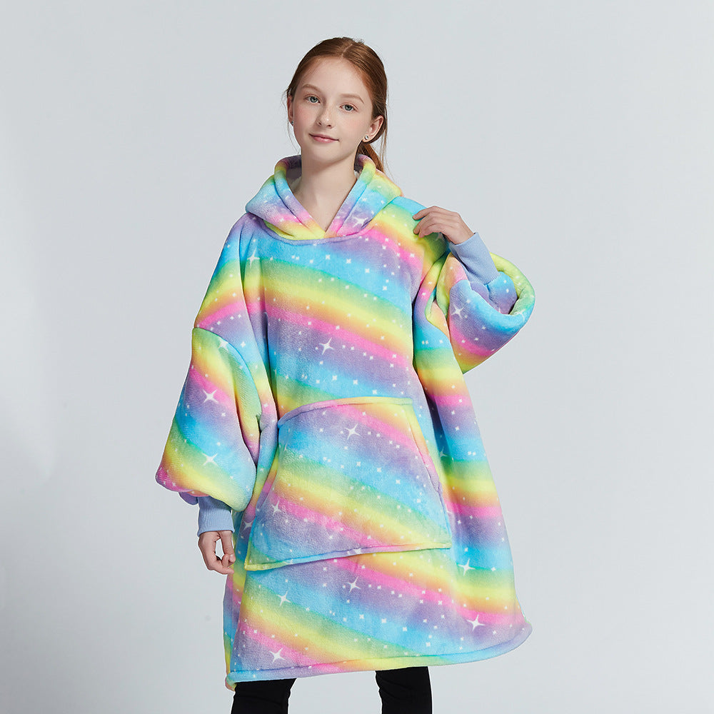 Hooded blanket sweater pullover with colorful rainbow star print and front kangaroo pocket
