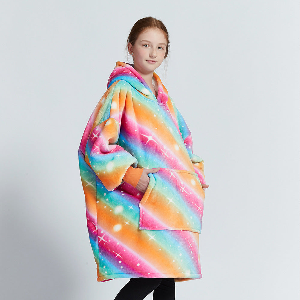 Hooded blanket sweater pullover with colorful rainbow star print, kangaroo pocket