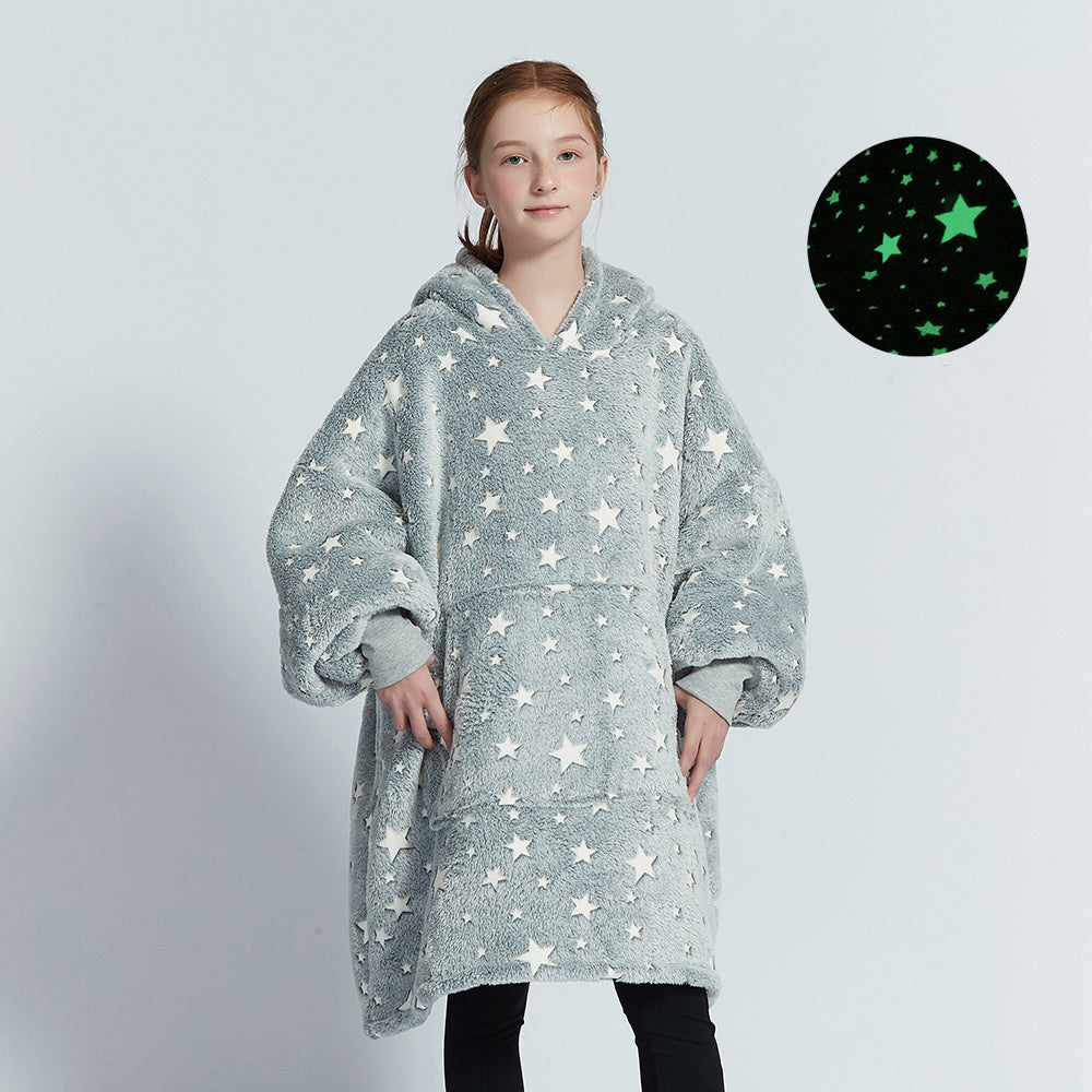 Light gray star-print hooded blanket sweater with front pocket and oversized fit