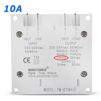 Sinotimer digital timer module with specifications on a white background