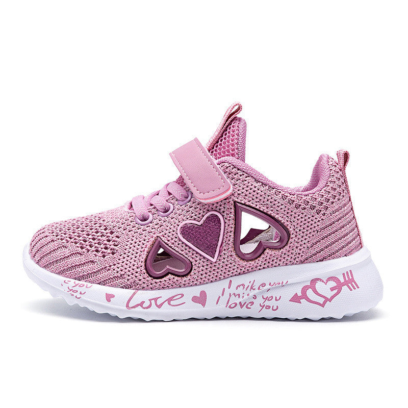 Pink kids' mesh sneakers with heart charms and hook strap, with white treaded sole