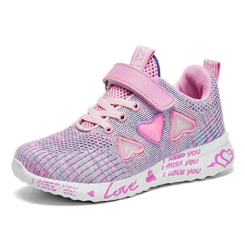 Pink kids' mesh sneakers with hook-and-loop strap, heart appliques, and printed midsole