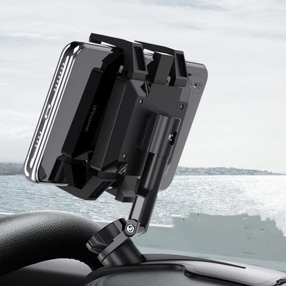 Car phone holder mounted on a car dashboard with a scenic background