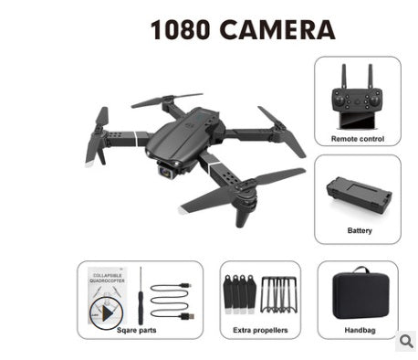 Camera quadcopter drone with four propellers and foldable arms, remote included