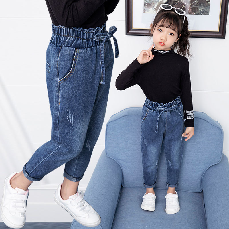Girls' loose jeans pants in blue with elastic waist and bow-tie drawstring
