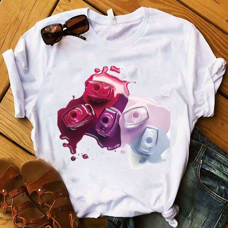Nail Polish Bottle Print T-Shirt – Fun Short Sleeve Tee Nail Polish Bottle Print Short Sleeve | Ectron Online