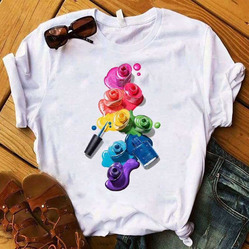 Nail Polish Bottle Print T-Shirt – Fun Short Sleeve Tee Nail Polish Bottle Print Short Sleeve | Ectron Online