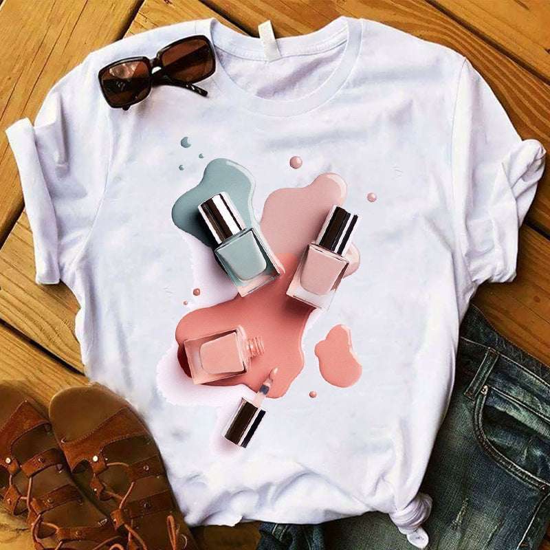 Nail Polish Bottle Print T-Shirt – Fun Short Sleeve Tee Nail Polish Bottle Print Short Sleeve | Ectron Online