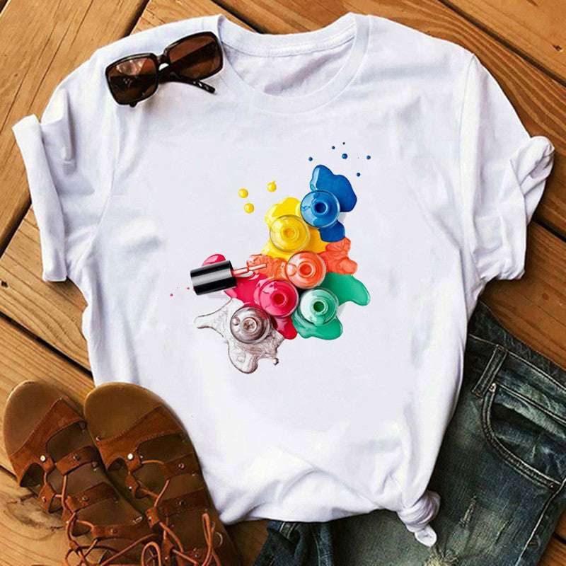 Nail Polish Bottle Print T-Shirt – Fun Short Sleeve Tee Nail Polish Bottle Print Short Sleeve | Ectron Online