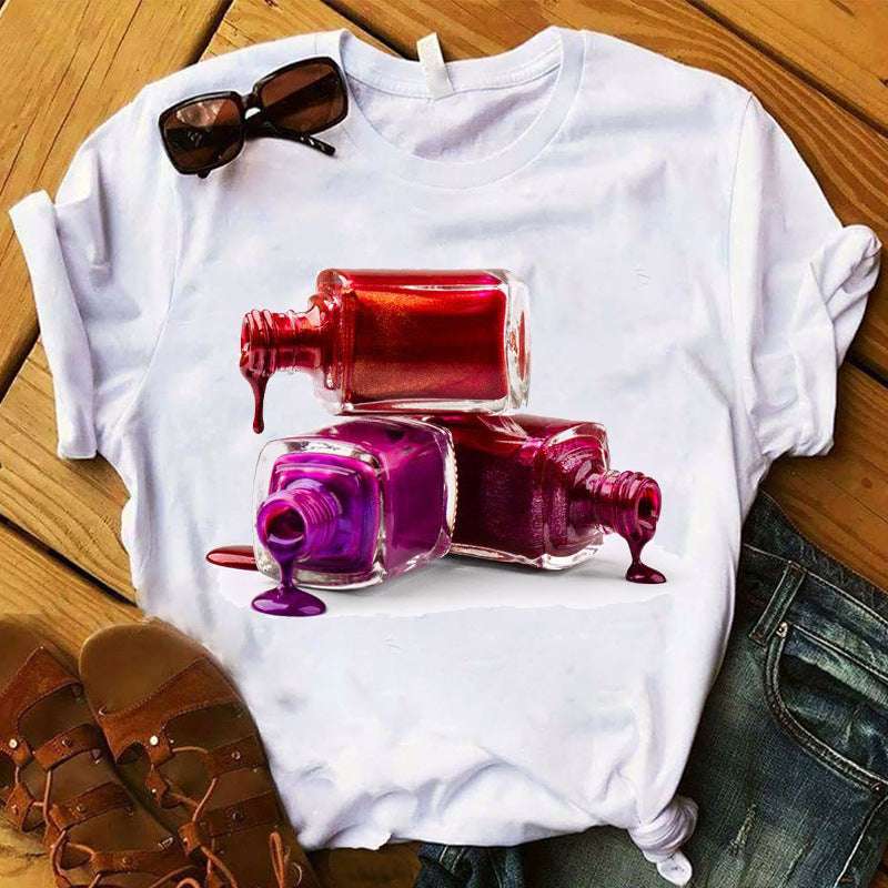 Nail Polish Bottle Print T-Shirt – Fun Short Sleeve Tee Nail Polish Bottle Print Short Sleeve | Ectron Online