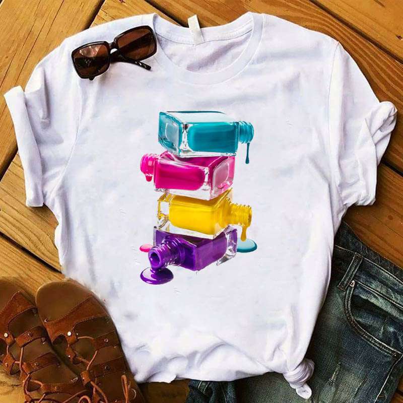 Nail Polish Bottle Print T-Shirt – Fun Short Sleeve Tee Nail Polish Bottle Print Short Sleeve | Ectron Online