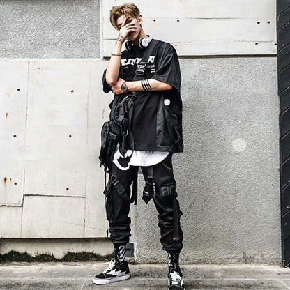 Hip Hop Multi-pocket Webbing Drawstring Casual Trousers