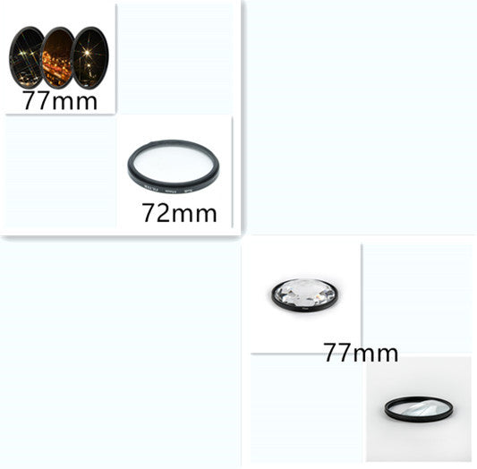 Set of camera lens filters with sizes 77mm, 72mm, and 77mm displayed on a white background.