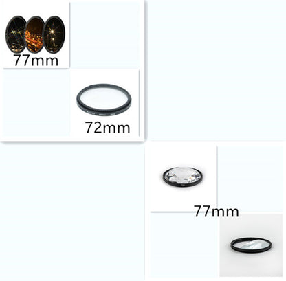 Set of camera lens filters with sizes 77mm, 72mm, and 77mm displayed on a white background.