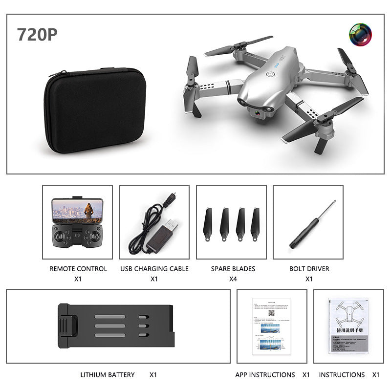 720P mini folding quadcopter kit with drone, controller case, USB charging cable, spare blades