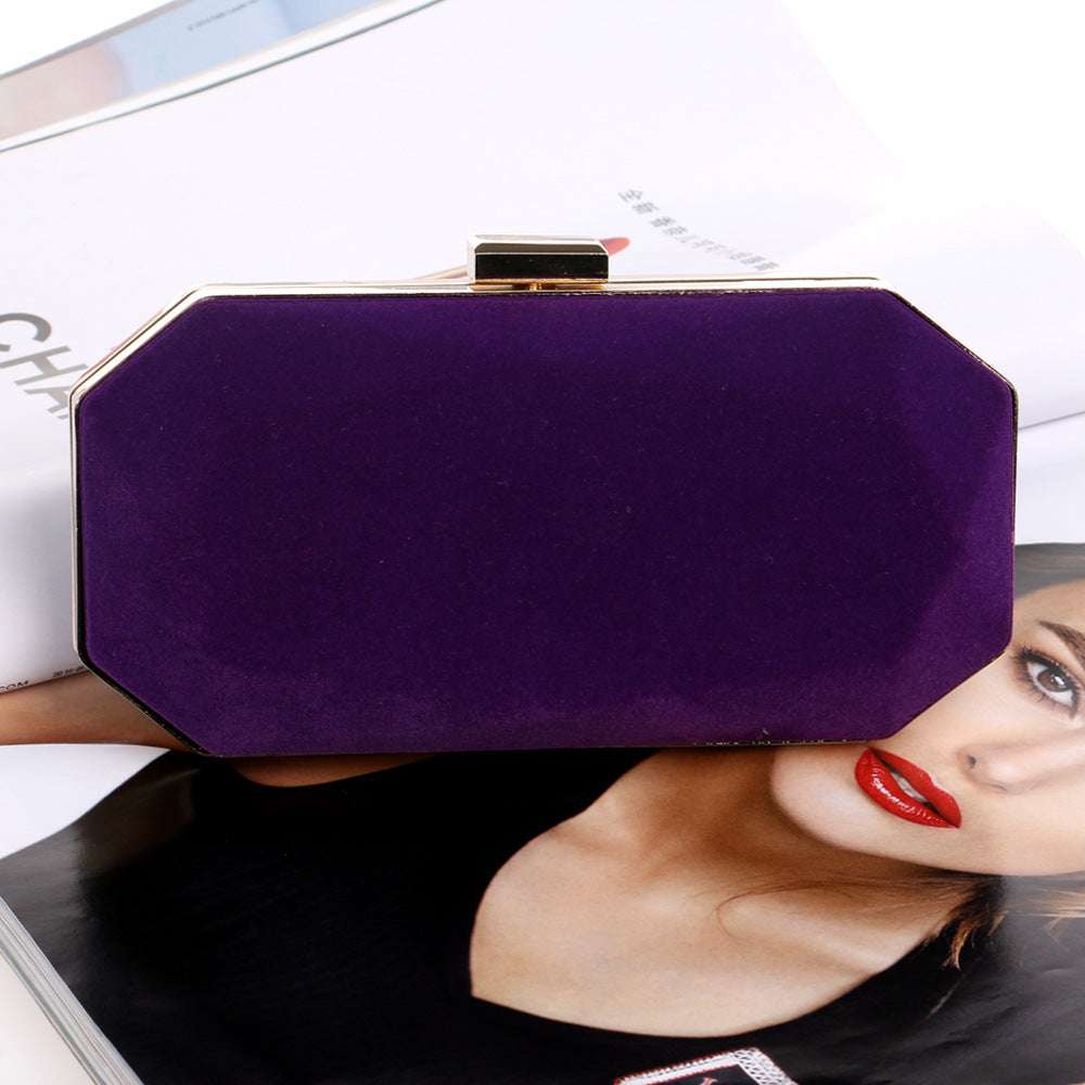 Purple velvet clutch with gold-tone frame clasp, boxy evening bag
