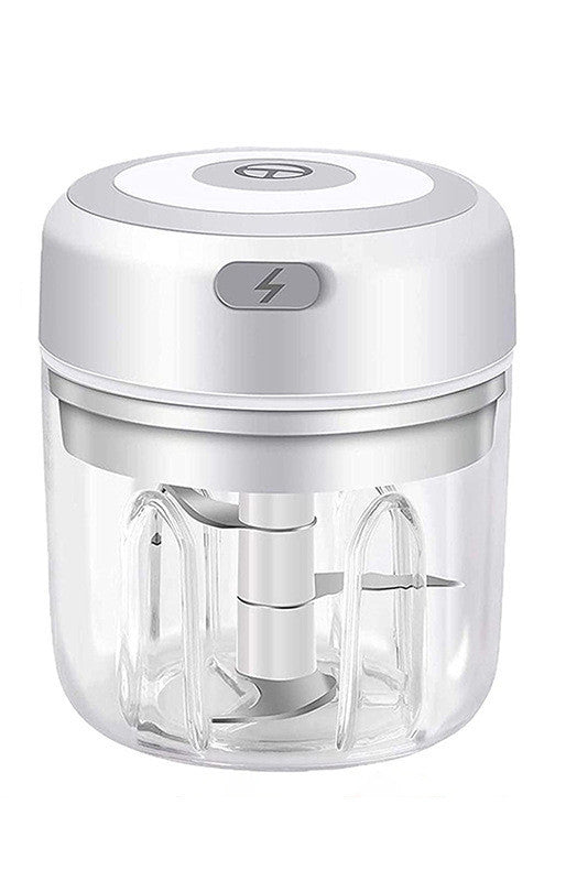 Electric garlic chopper with white lid and clear container, USB mini chopper jar