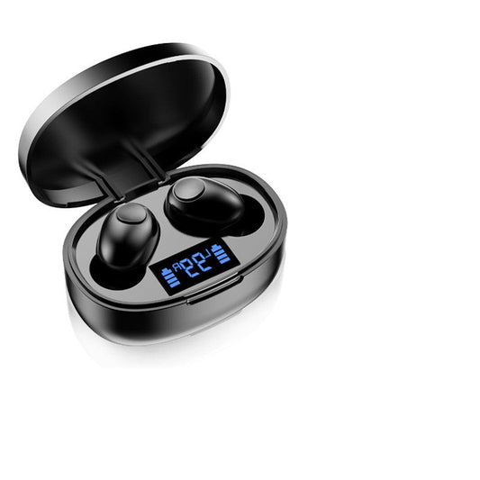 Black sport true wireless earbuds with charging case and LED battery display