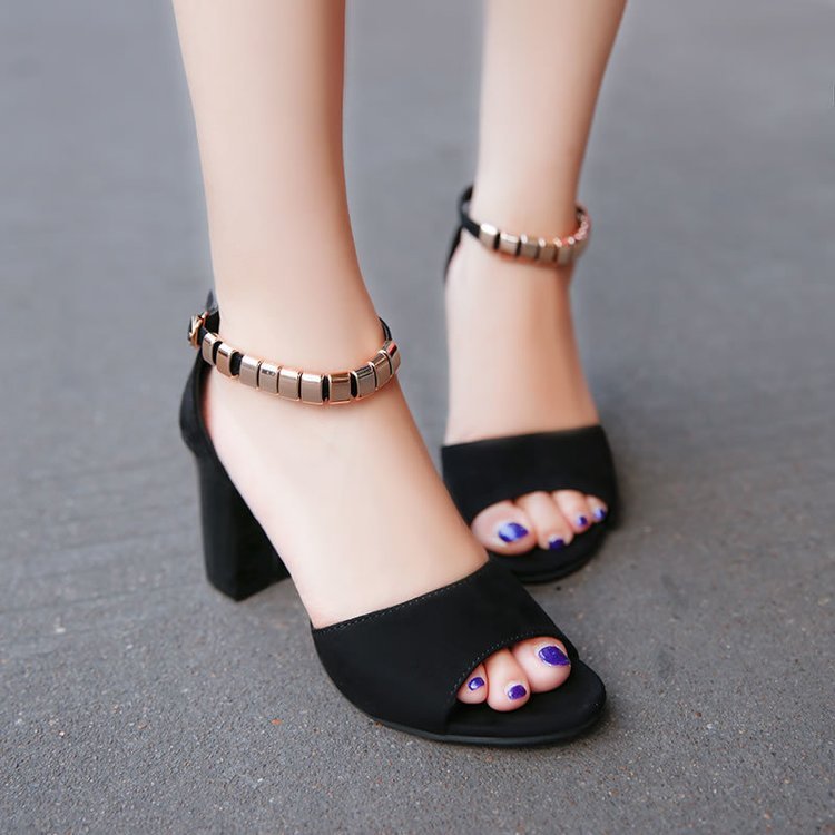 Suede Chunky Heel Sandals – Buckle Strap & Peep Toe Design High-heeled suede sandals with buckled c | Ectron Online
