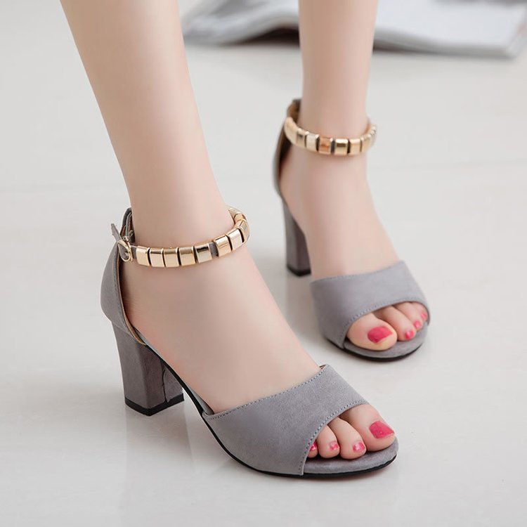 Suede Chunky Heel Sandals – Buckle Strap & Peep Toe Design High-heeled suede sandals with buckled c | Ectron Online
