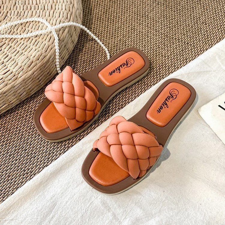 Slippers Women's Summer New Style Flat Square Toe Fake Woven Sandals Slippers Women's Summer New Style Flat S | Ectron Online